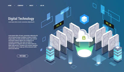 大數據處理、等距數據中心、矢量信息處理和存儲的概念。具有抽象幾何元素的創造性插圖